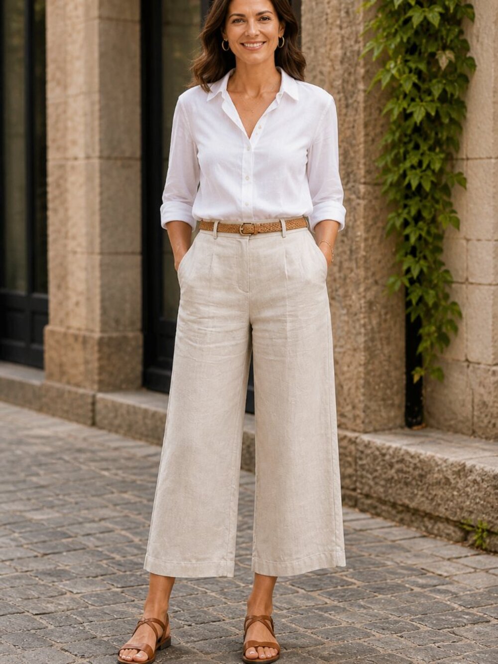 J. Jill Linen-Crop Wide Leg Trouser-cut Pants in Light Beige
